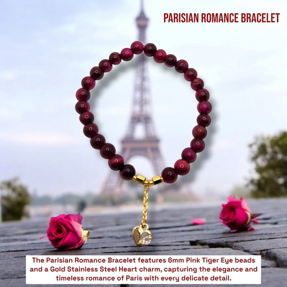 6 mm Pink Tiger Eye Gold Stainless Steel Heart Charm bracelet - Picture 1 of 5